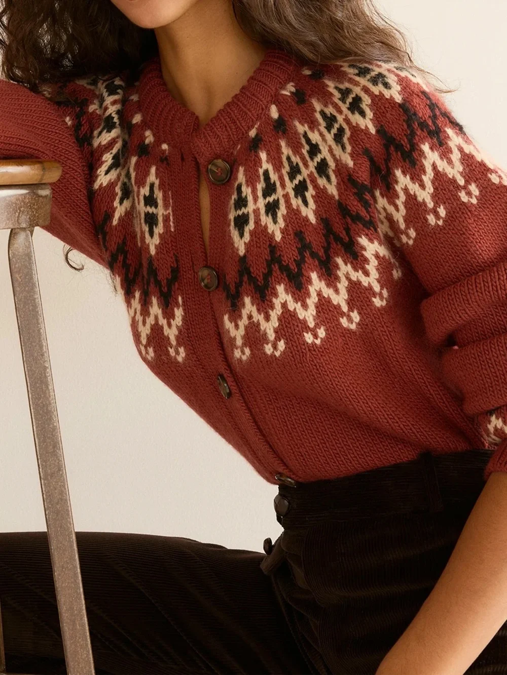 NWT Doen Clarke Wool Alpaca Button Cardigan Knit Sweater Burgundy Fair Isle Red